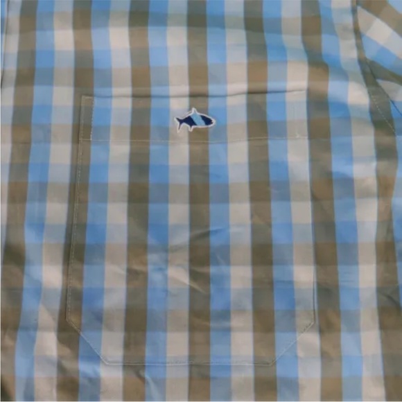 Fish Hippie Solace Collection Tan Blue Plaid Stretch Button Down Shirt Size L - Picture 3 of 5